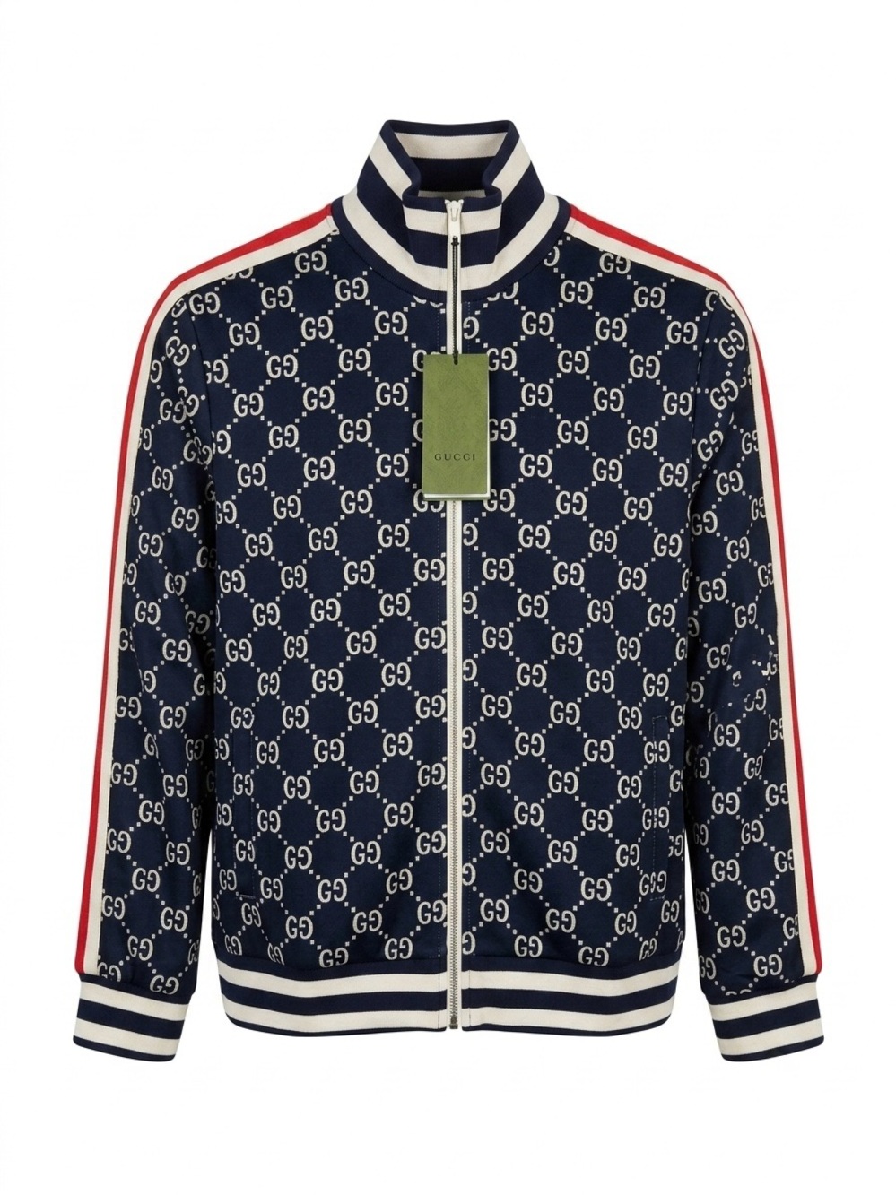 Gucci NWT GG Monogram Track Suit with Red Stripes Jacquard Caspian Navy Blue XL